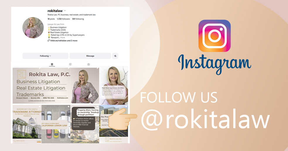 Instagram follow button for Rokita Law PC located in Newport Beach and Beverly Hills, California Real Estate Attorney