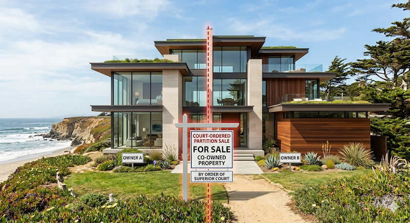 California coastal home split in two with a for sale sign representing a partition action to force the sale of co-owned property